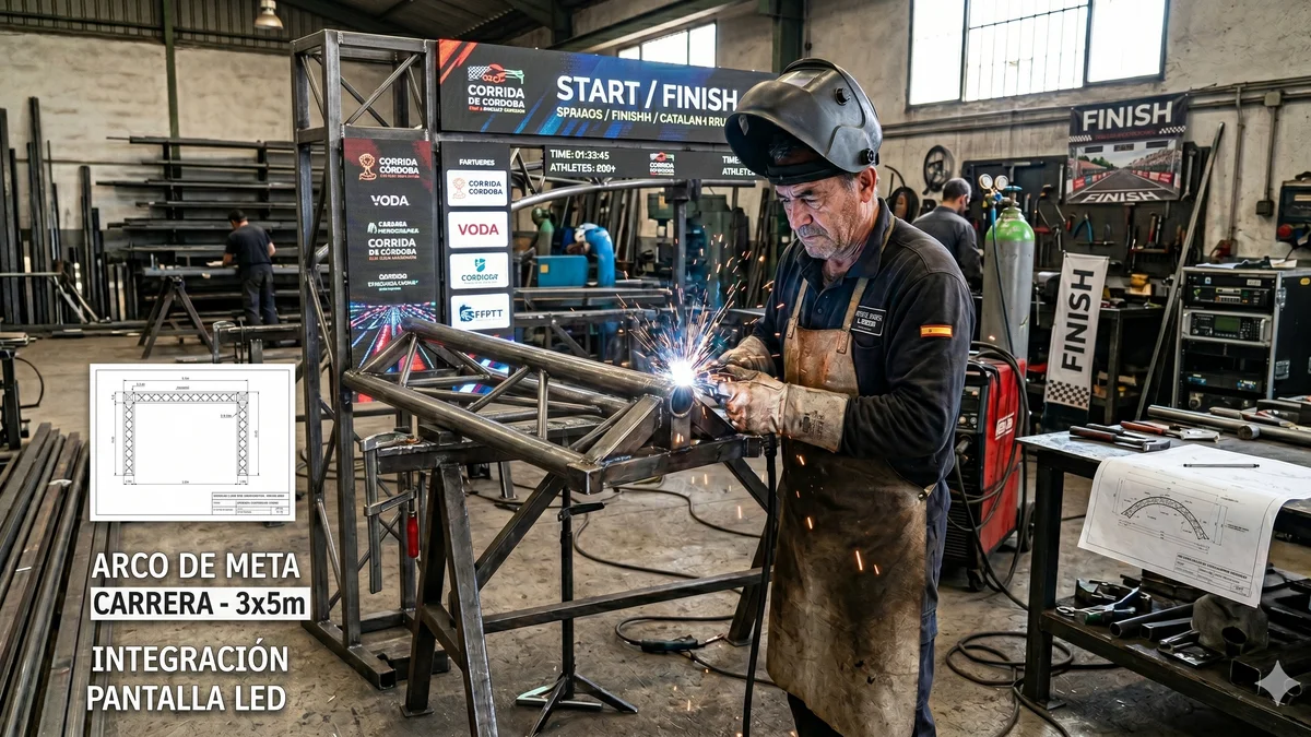 Fabricación a medida en taller Kibuu — arco de meta LED para carrera